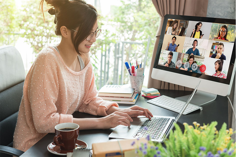 Woman works from home.